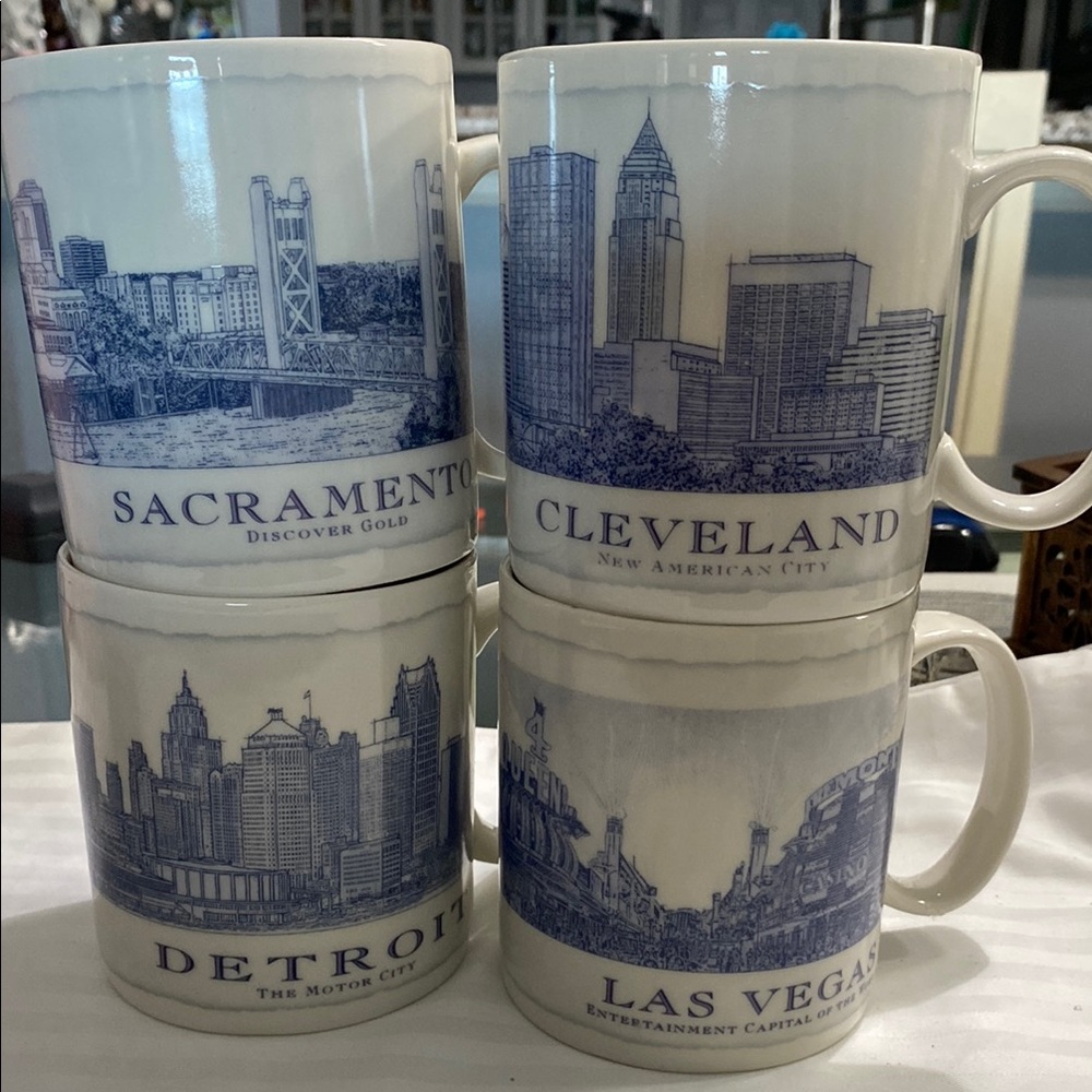 Starbucks 18oz Cityscape Blue and White Mug Set